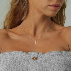 18k White Gold Plated Tiny Cross Pendant Choker Necklace for Women